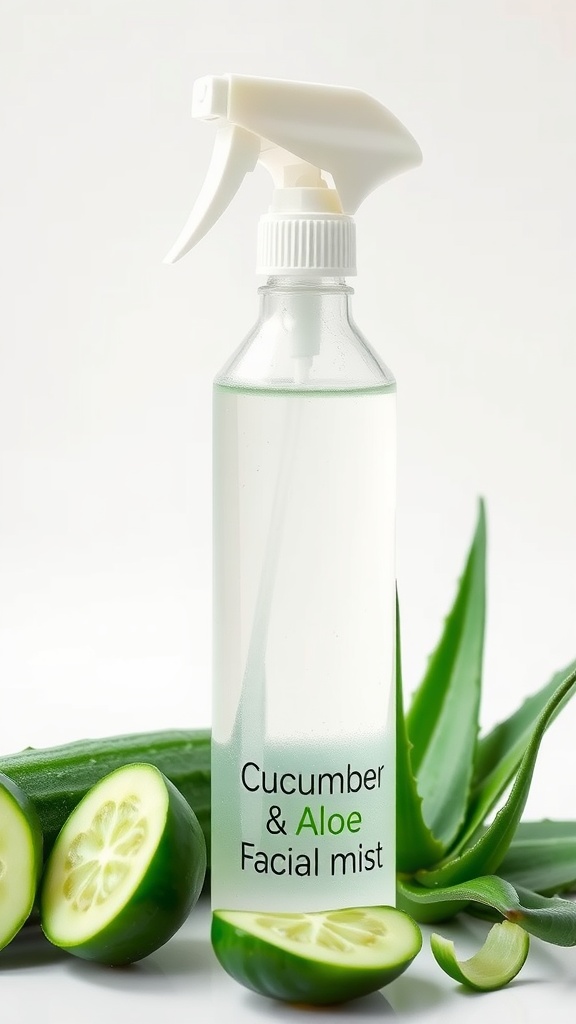 Cucumber and Aloe Facial Mist in a spray bottle with cucumber slices and aloe leaves