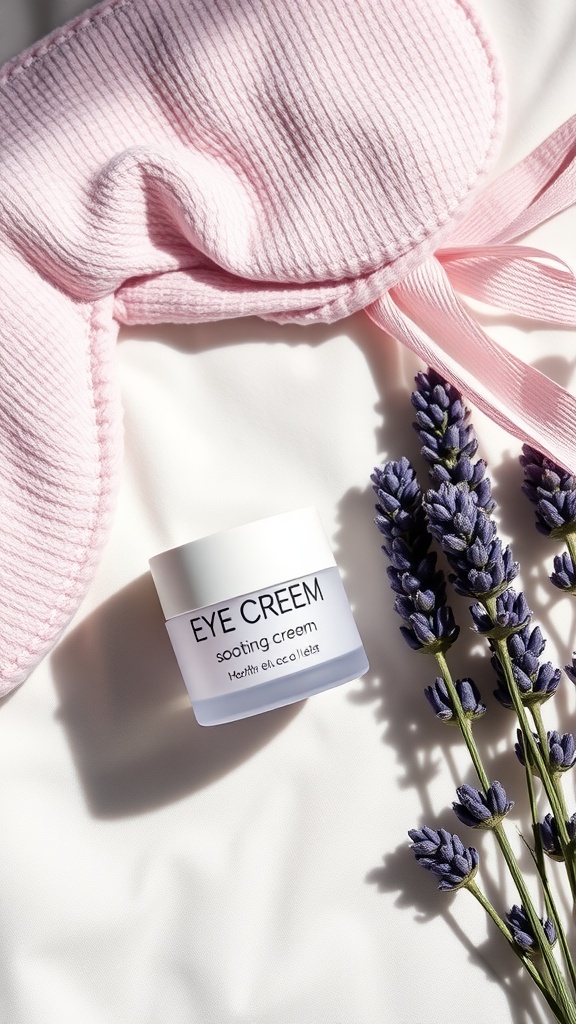 A soothing eye cream jar, a soft pink sleep mask, and fresh lavender flowers arranged on a light fabric background.