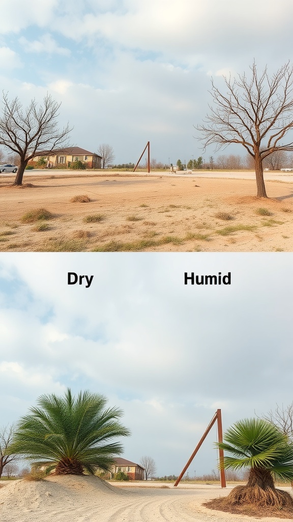 An image showing a dry climate with bare trees and a humid climate with lush palm trees, highlighting the contrast between the two environments.