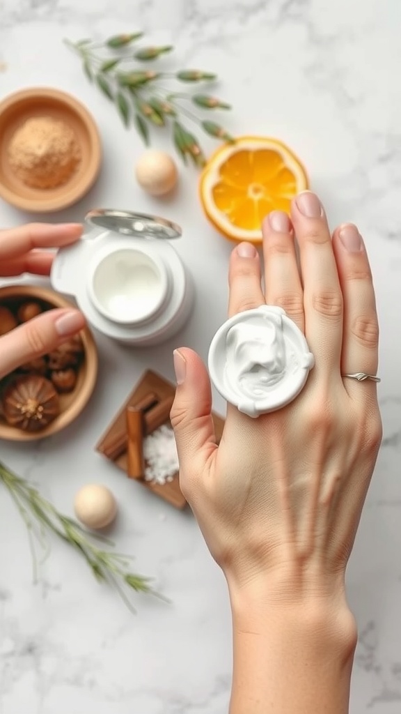 A hand applying cream from a jar, with herbs and citrus around, illustrating moisturizing for skin hydration.