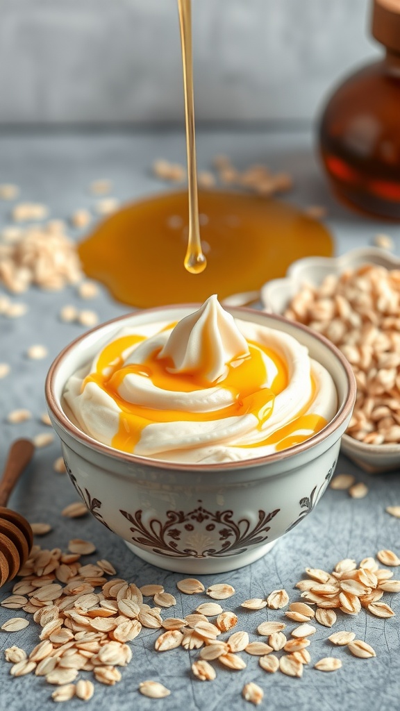 A bowl of creamy honey and oatmeal mixture, topped with honey, surrounded by oats and honey jar.