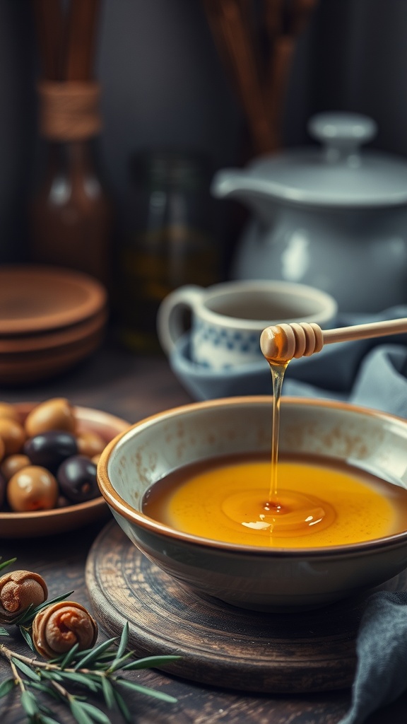 A bowl of honey with a honey dipper, surrounded by olives and olive oil, set in a cozy kitchen atmosphere.