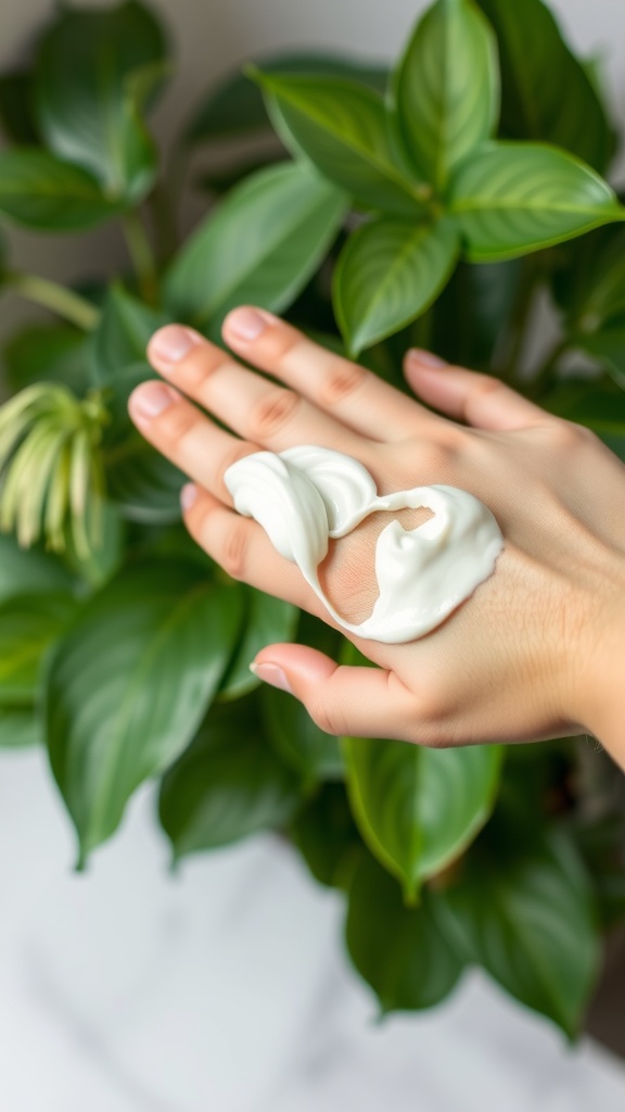 A hand applying creamy moisturizer with green leaves in the background.