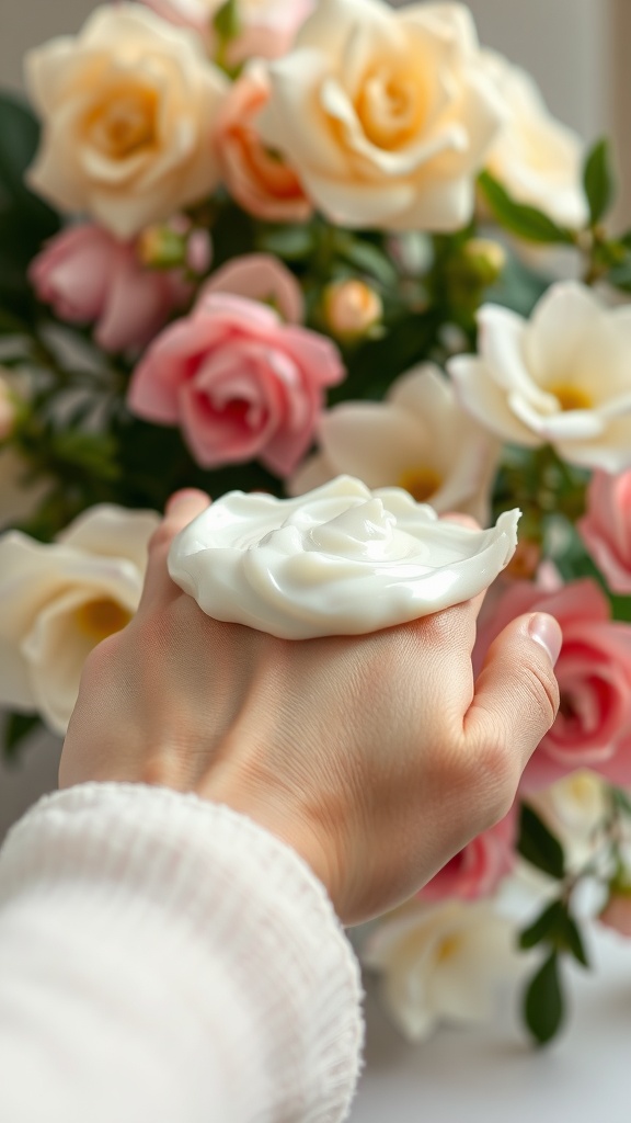A hand holding a creamy moisturizer in front of a bouquet of roses.
