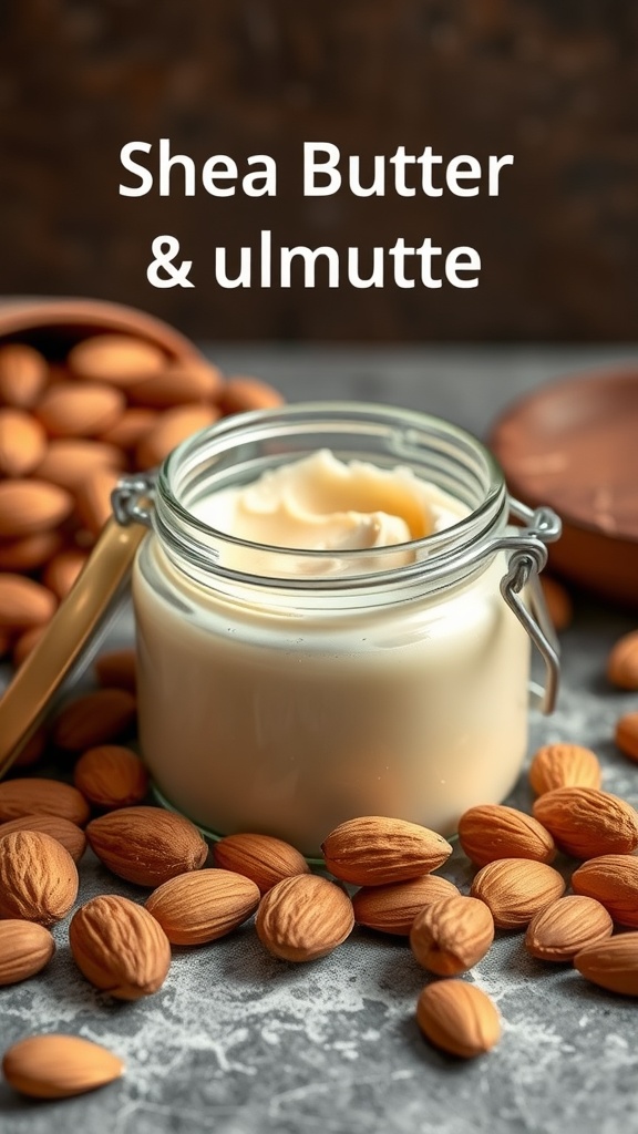 A jar of shea butter sits among whole almonds, highlighting a natural skincare recipe.