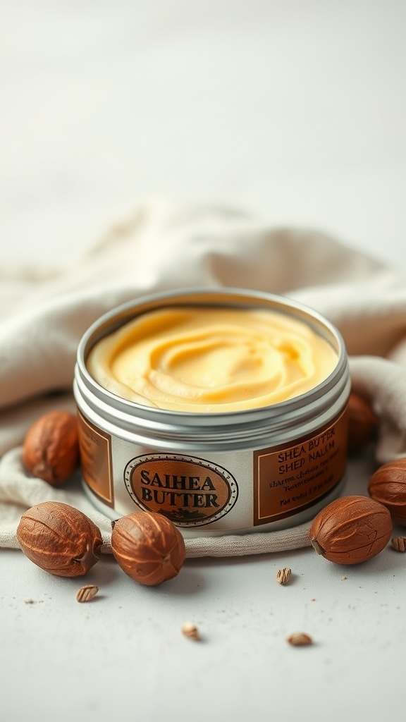 A tin of creamy shea butter balm surrounded by shea nuts on a light background.
