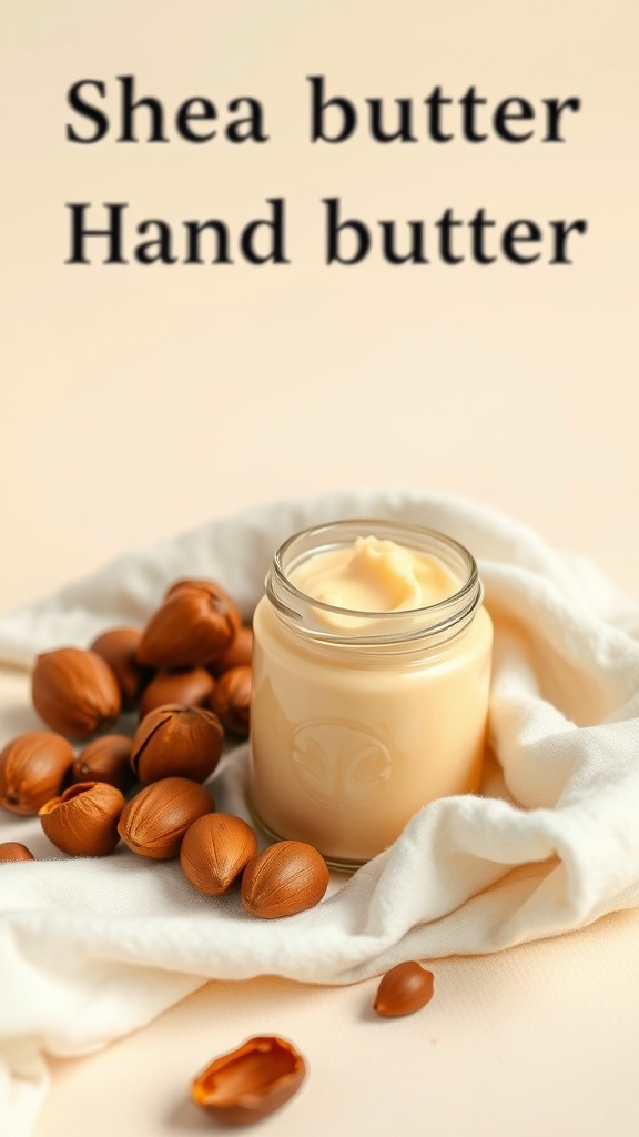 A jar of shea butter hand cream surrounded by shea nuts on a soft fabric background.