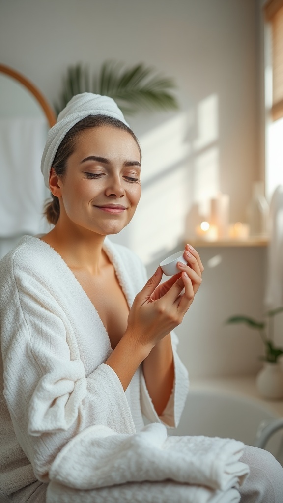 A woman in a bathrobe, smiling while holding a small jar of moisturizer in a bright, serene bathroom.