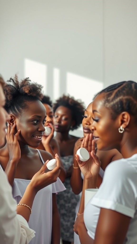 A group of women engaged in a skincare discussion, focusing on moisturizing techniques.