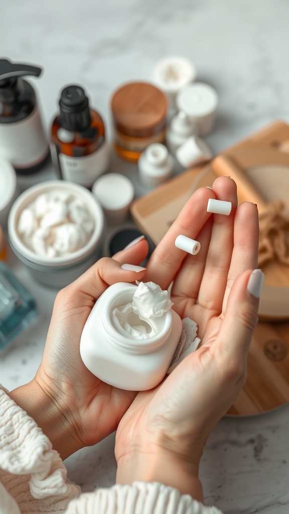 A hand holding a jar of moisturizer surrounded by various skincare products.