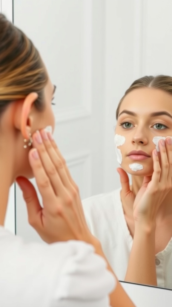 A person applying cream to their face while looking in a mirror, focusing on their skincare routine.