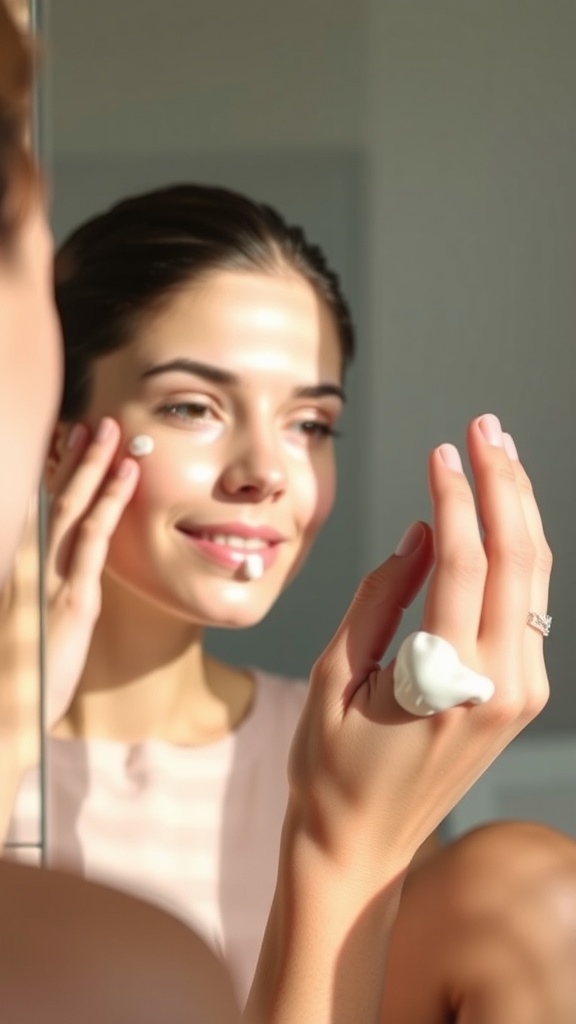 A person applying cream to their face in front of a mirror.