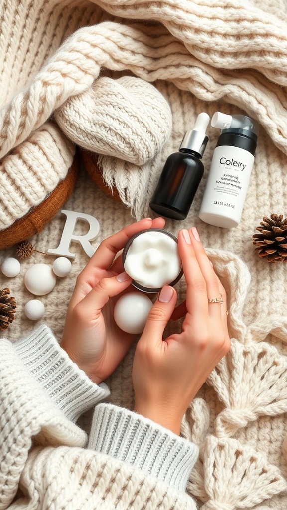 A cozy winter skincare setup featuring hands applying cream surrounded by knitted fabric and skincare products.