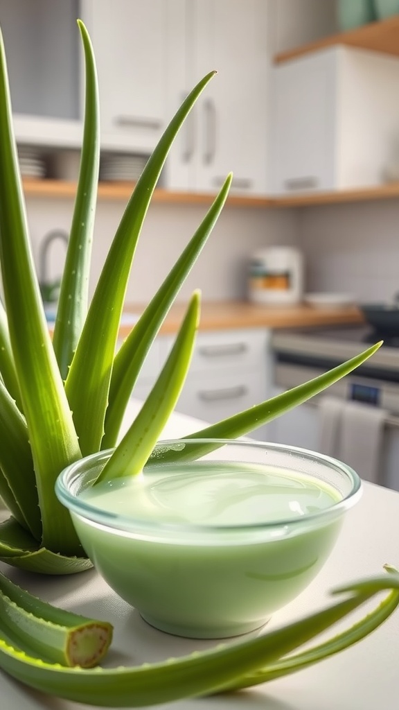 Fresh aloe vera leaves and a bowl of aloe vera gel in a kitchen setting.