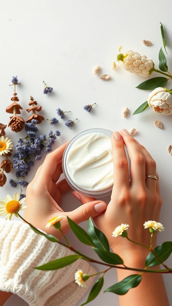 A pair of hands holding a jar of moisturizer surrounded by flowers and greenery.