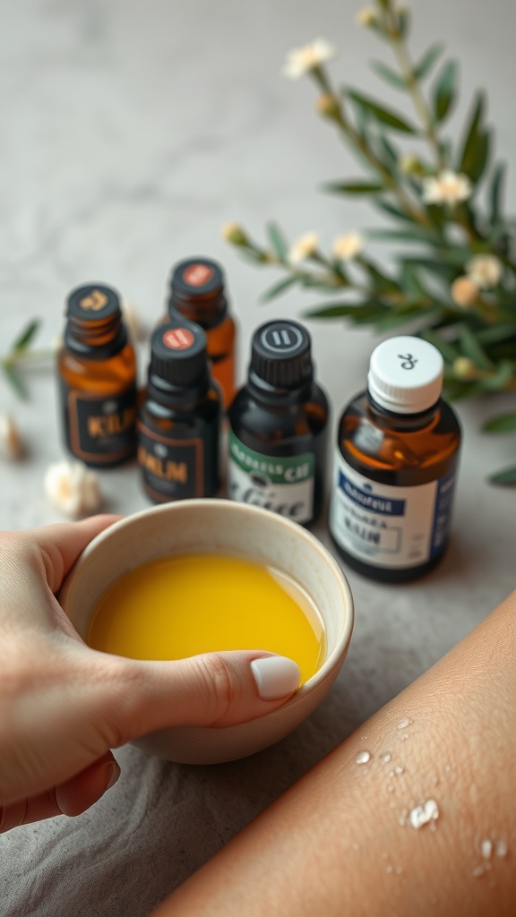 A hand holding a bowl of golden oil with various essential oil bottles in the background.