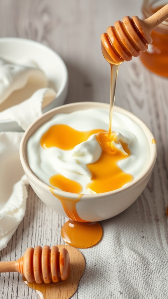 A bowl of yogurt with honey being drizzled into it, alongside a honey dipper.
