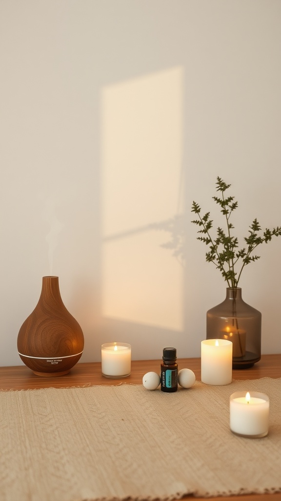 A stylish diffuser with essential oil, lit candles, and a plant on a wooden table.