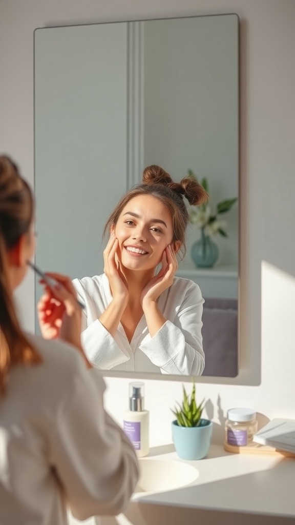 A woman smiling at her reflection while applying skincare in front of a mirror.