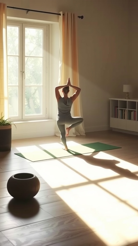 A person practicing yoga in a sunlit room with a window, showcasing a peaceful morning routine.