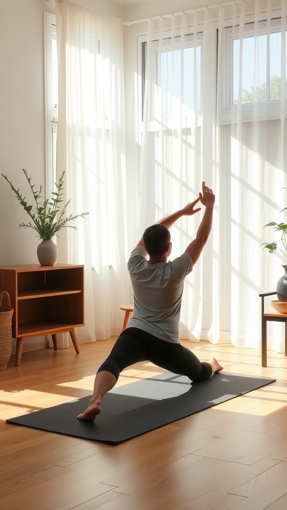 Person stretching in a bright room with sunlight and plants