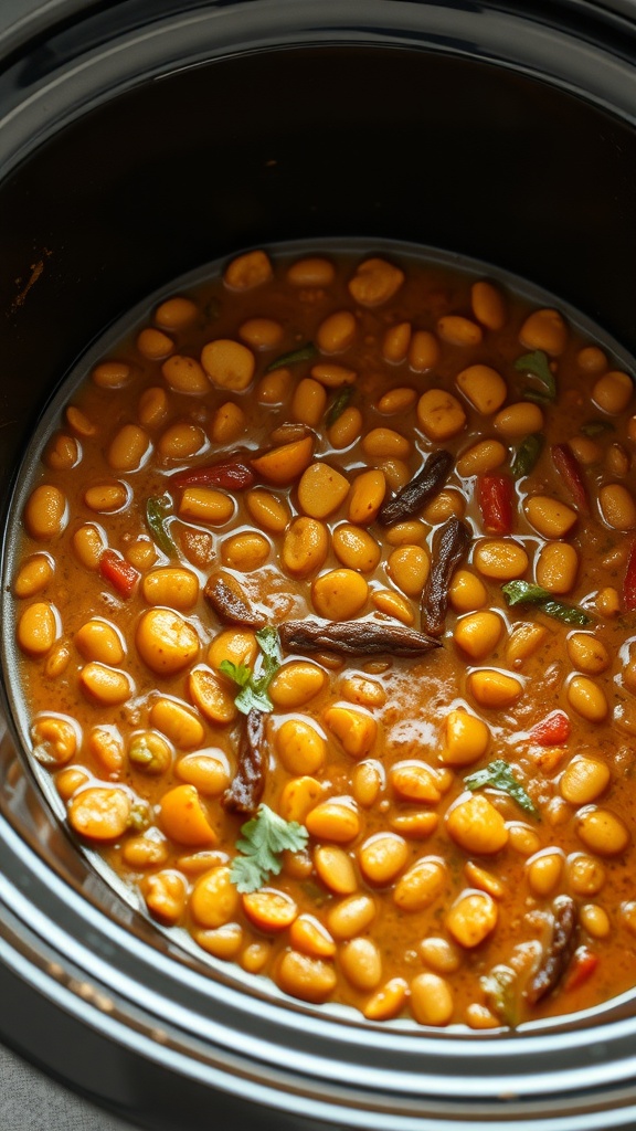 A slow cooker filled with Moroccan spiced lentil stew, showcasing lentils, peppers, and spices.