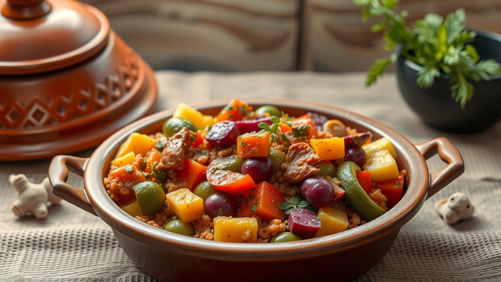 A colorful bowl of Moroccan Vegetable Tagine with a variety of vegetables and served with couscous.