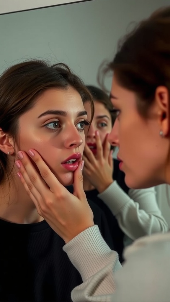 Two women focusing on mouth and lip exercises in front of a mirror, demonstrating facial toning techniques.