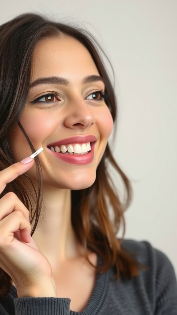 A smiling woman practicing mouth yoga with a brush in her hand.