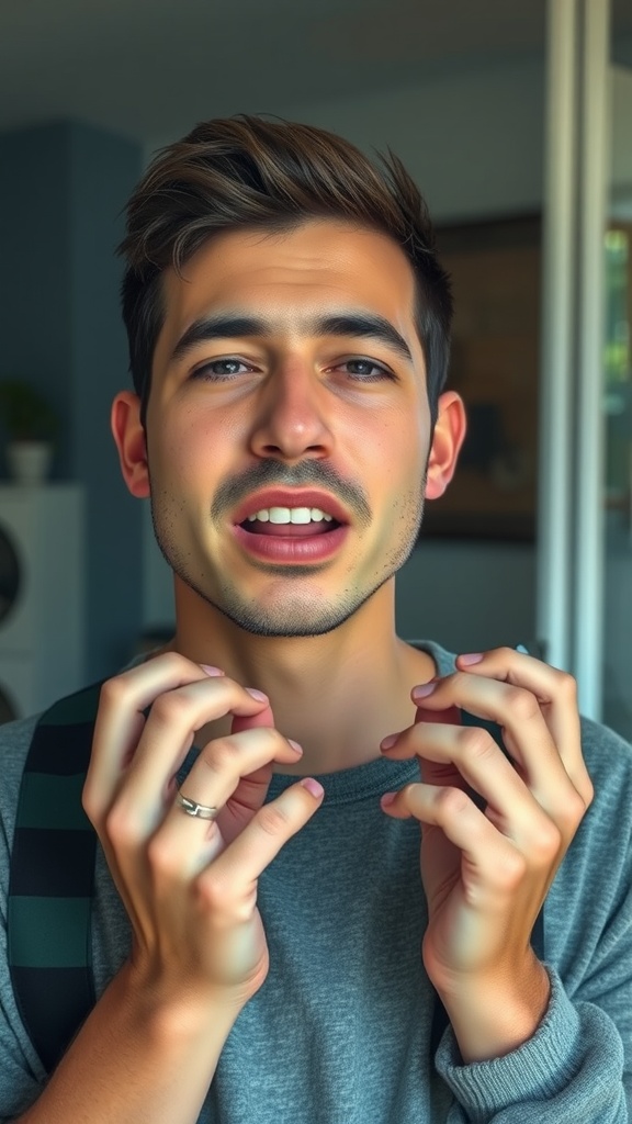 A young man demonstrating the Mouth Tightener Technique with hands guiding his facial muscles.