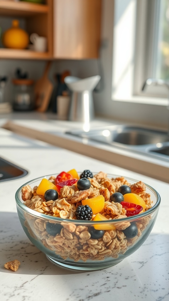 A bowl of muesli topped with dried fruits and berries.