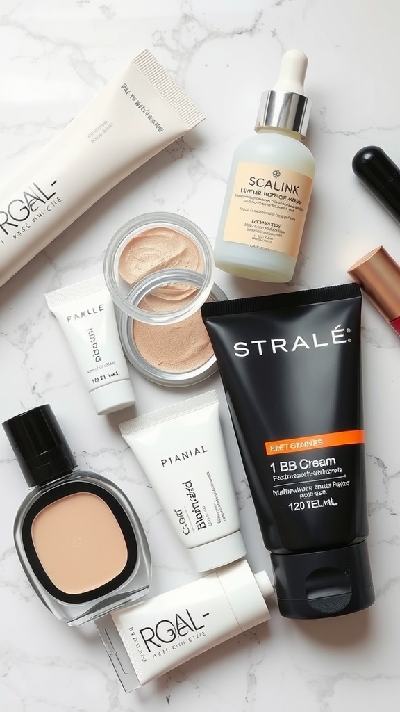 Various multi-functional skincare products arranged on a marble surface.