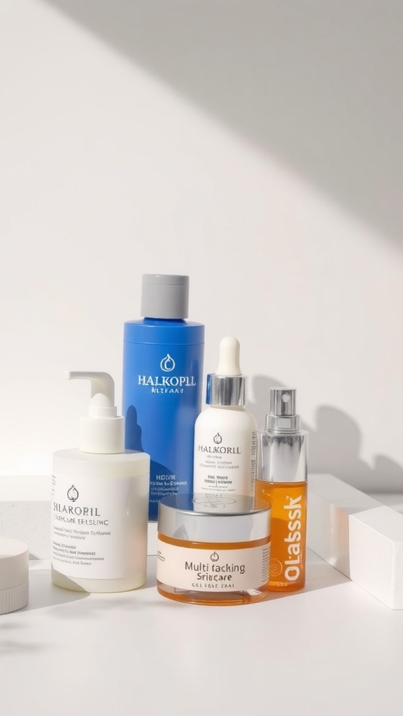 An assortment of skincare products including a jar labeled 'Multi-tasking Skincare' on a clean surface.