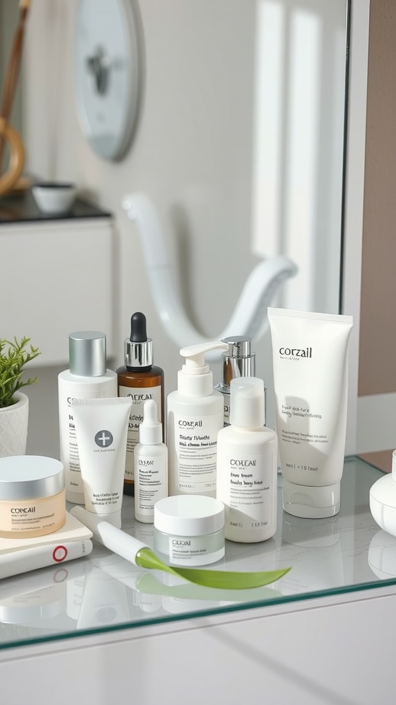 A collection of skincare products arranged neatly on a bathroom counter