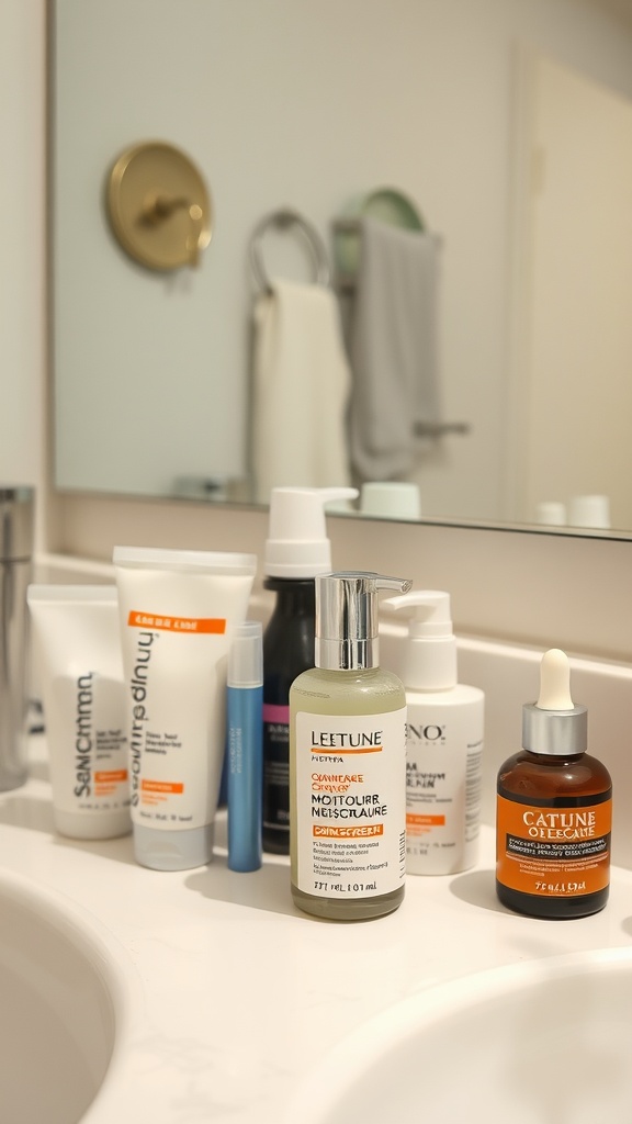 A collection of skincare products on a bathroom counter