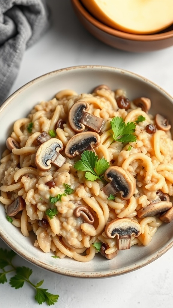 A bowl of mushroom and barley risotto garnished with parsley.