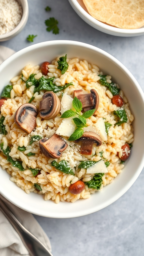 A bowl of mushroom and kale risotto garnished with mushrooms and herbs