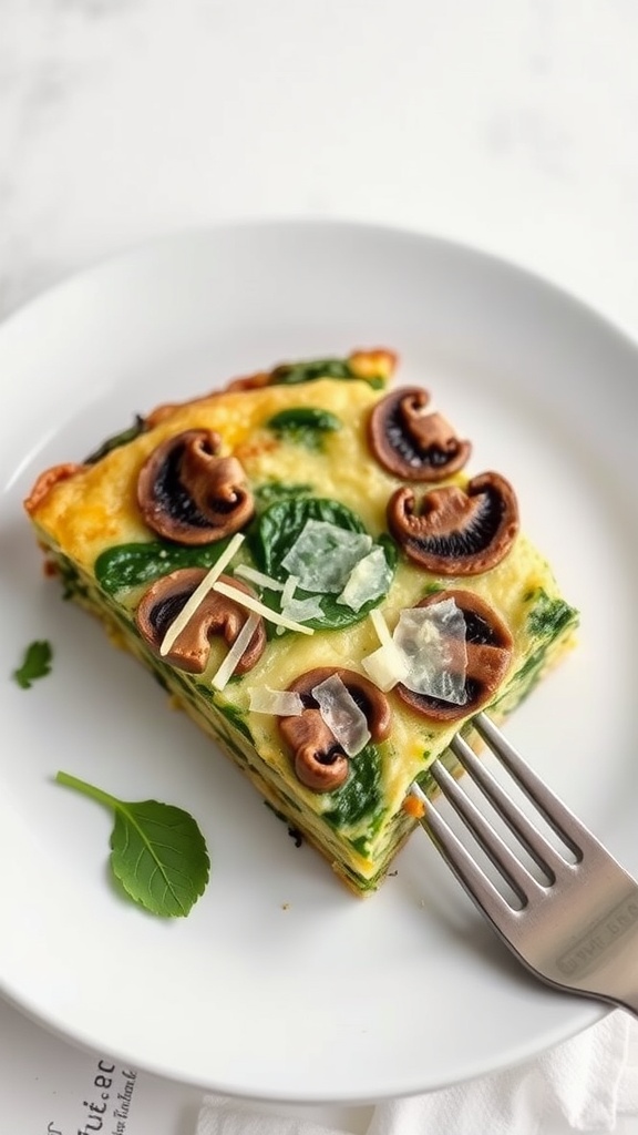 A slice of mushroom and spinach frittata on a plate with a fork