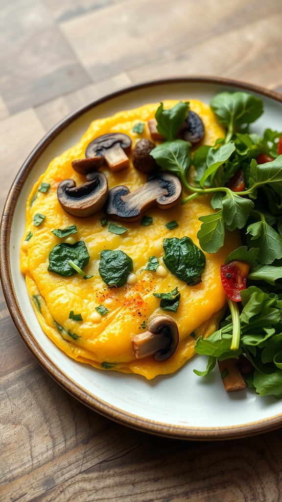 A delicious mushroom and spinach omelette served with a side salad