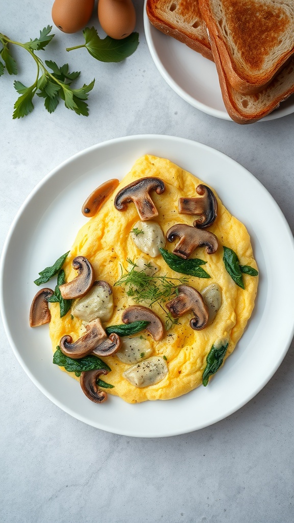Mushroom and spinach omelette on a white plate with toast and eggs in the background.