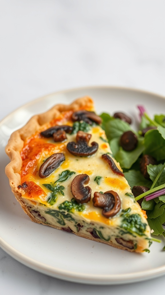 A slice of mushroom and spinach quiche on a plate with a side salad.