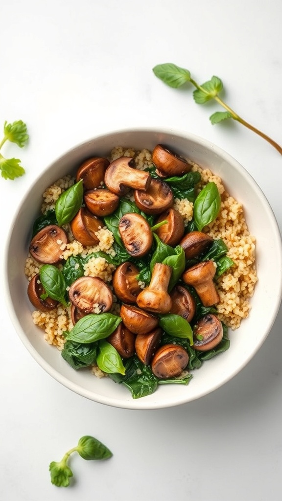 A bowl of Mushroom and Spinach Quinoa Bowl with quinoa, sautéed mushrooms, spinach, and fresh basil.