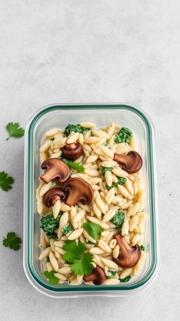 A bowl of creamy mushroom and spinach risotto with fresh ingredients.