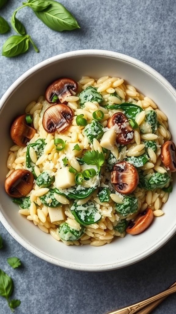A bowl of mushroom and spinach risotto with fresh herbs