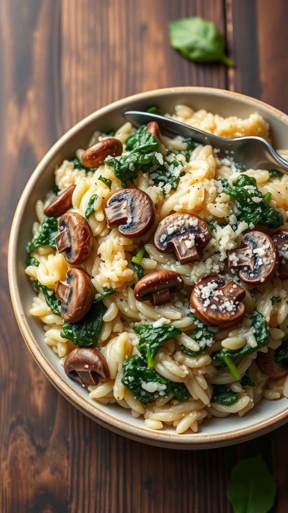 A bowl of mushroom and spinach risotto topped with cheese.
