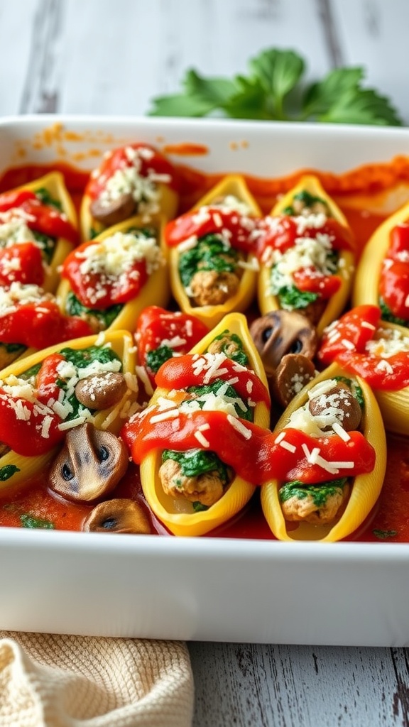 Mushroom and Spinach Stuffed Shells served in a baking dish with marinara sauce and cheese.