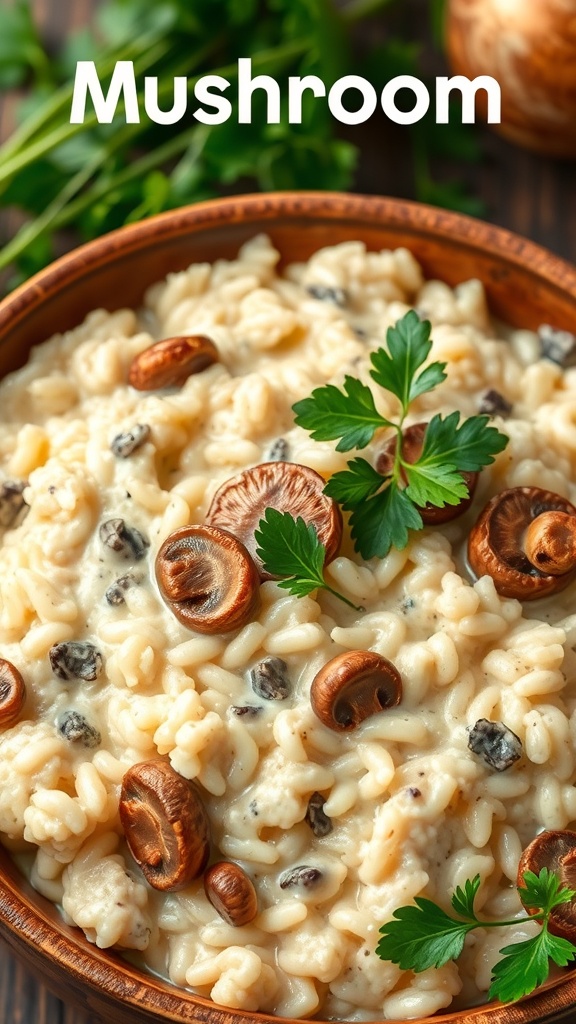 A bowl of creamy mushroom risotto topped with mushrooms and parsley.