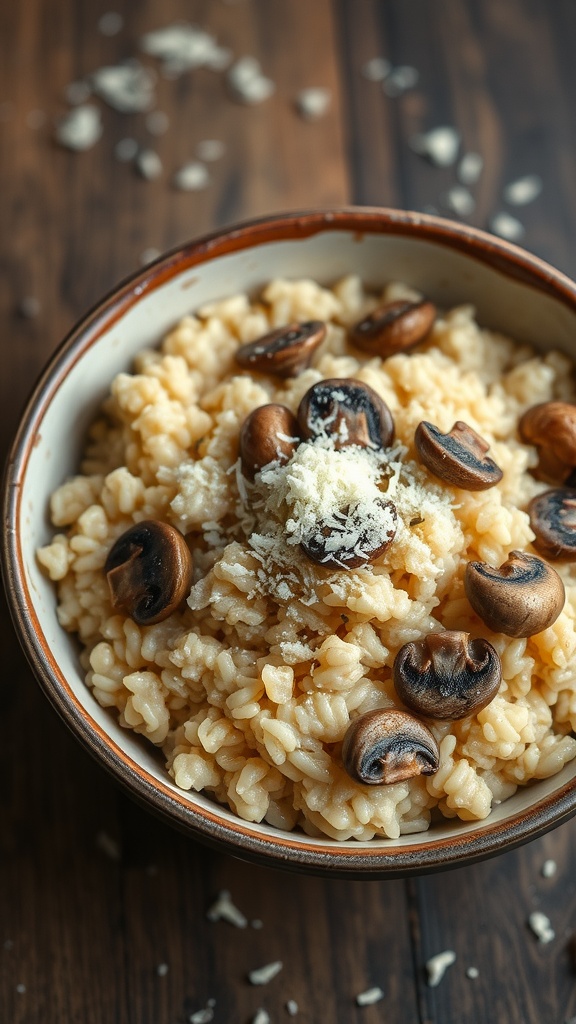 A bowl of creamy mushroom risotto topped with Parmesan cheese.