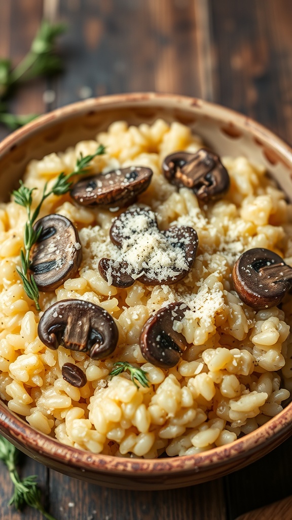 A bowl of creamy mushroom risotto garnished with mushrooms and Parmesan cheese