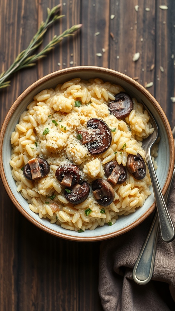 A bowl of creamy mushroom risotto topped with Parmesan cheese and fresh herbs.